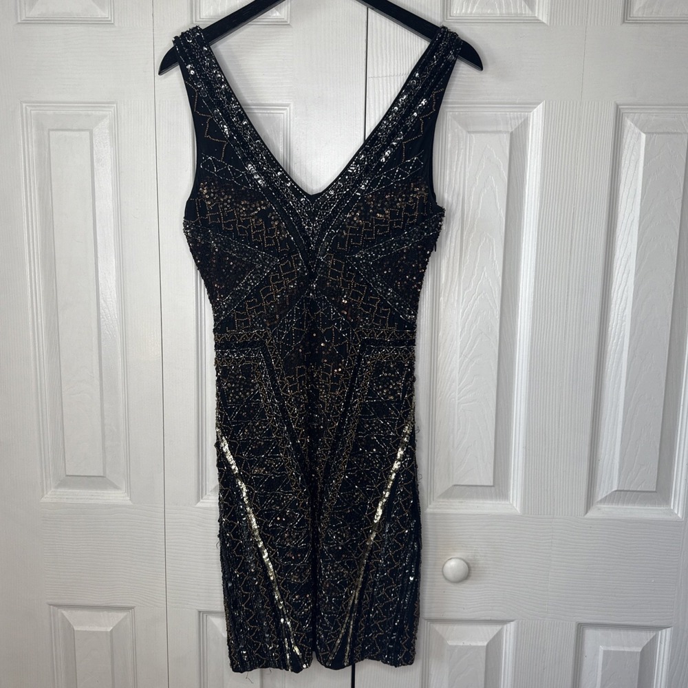 Hale Bob Beaded Sequin Dress Black Geometric Art Deco V-Neck Cocktail Medium M - Picture 5 of 15